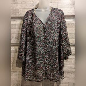 Liz Claiborne Black Sheer Blouse with Pink & Green Floral Print